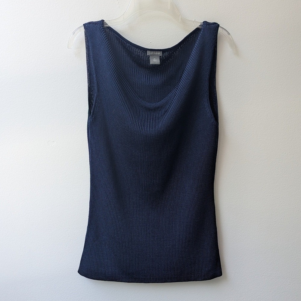 Ann Taylor Knit Top Navy Blue Cowl Neck Sleeveless Sz XL Minimalist Polished